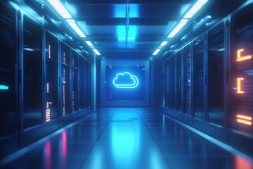 Fototapeta premium 3D render of cloud computing technology concept with glowing blue hologram icon in modern server room interior background