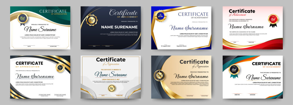 Certificates of completion template with luxury badge and modern line and shapes. Horizontal certificate For award, business, and education needs. Diploma vector template
