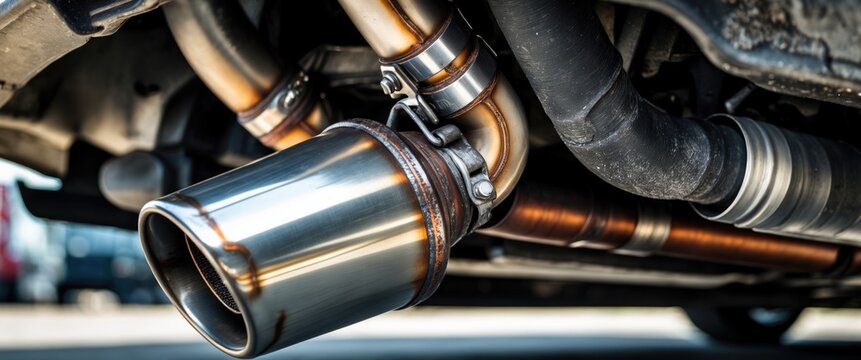 Vehicle underbody exhaust pipe, catalyst, resonator, exhaust system. Old components need repair and replacement. Car maintenance and service. Technical condition and standards. Selective focus.