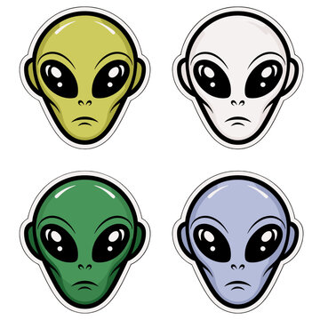 Colorful alien face stickers line art graphics representing different extraterrestrial designs for fun and creativity