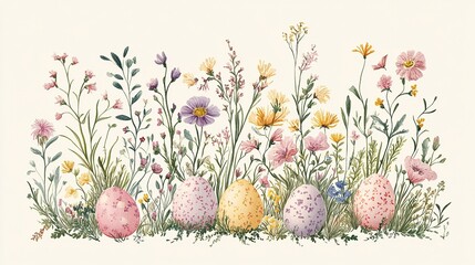 A hand-drawn botanical Easter illustration with finely detailed flowers, pastel egg clusters, and swirling vine accents.  