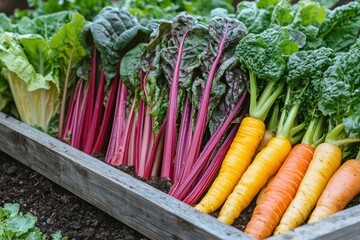 Freshly harvested beets, carrots, and greens in a raised garden bed