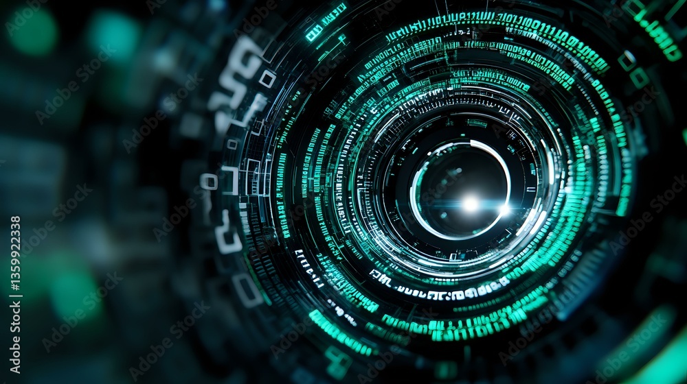Poster futuristic circular interface in glowing turquoise and black with digital code elements, abstract te