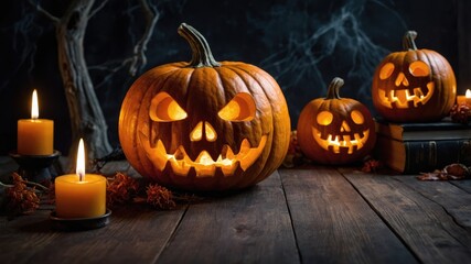 Background of Halloween. spooky pumpkin on the table. a pumpkin and skull-themed design.