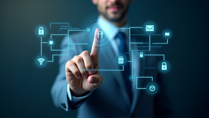 Hand interacting with holographic digital banking interface showing financial services data security currency exchange payment icons in empty space concept as Hand interacts with holographic digital b