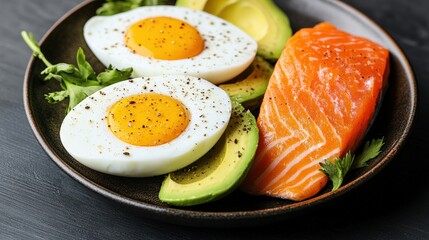 A dark plate featu two soft-boiled egg halves, pepper seasoning, avocado slices, salmon fillet, and fresh parsley garnish for a gourmet meal