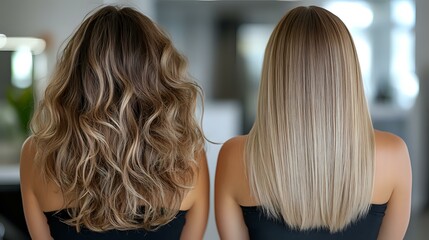 Comparison of wavy balayage brunette and straight blonde hair from back view showing modern coloring techniques and hairstyling results in salon.