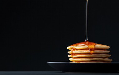Delicious Pancakes with Honey Drizzle Black Background Food Photography Minimalist Style Close-up Shot