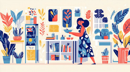 Indoor Still Life: A woman in her living space among plants and shelves. Design for home decor print or a cheerful greeting card