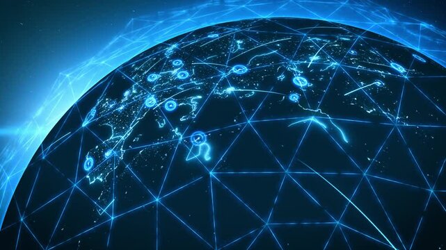 High-tech digital Earth with glowing blue network line connecting key locations worldwide. Pulsing data points symbolize global communication, cybersecurity, and the future of digital connectivity, 4k