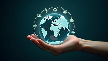 Flat Hand Holding Holographic Globe with Sustainability Icons: A Cute Vector Illustration Representing Life Cycle Assessment for Eco-Friendly Initiatives and Environmental Impact