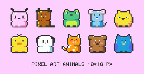 Pixel Art Cute Animal Icons. 8 bit style stickers of Pixelated Animal Characters like Dog, Frog, Mouse, Cat, Chick, Puppy, Ghost, Bear, and Owl