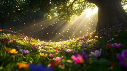 Obraz premium A vibrant meadow filled with colorful flowers, illuminated by sunlight streaming through lush trees. Concept Vibrant Meadow, Colorful Flowers, Sunlight Illumination, Lush Trees, Natural Beauty