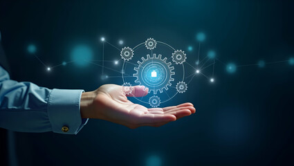 Flat Hand Engaging with Holographic Digital Automation Interface: A Cute Vector Illustration of Business Process Optimization and Data Analysis Icons in Action