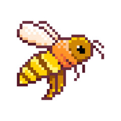 Pixel art bee 8 bit honey insect icon for retro game design. Game asset bee for video game on white background. Pixel game asset. 
