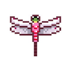 Pixel art dragonfly 8 bit winged insect icon for retro game design. Game asset dragonfly for video game on white background. Pixel game asset. 
 