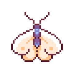 Obraz premium Pixel art moth 8 bit winged insect icon for retro game design. Game asset moth for video game on white background. Pixel game asset. 