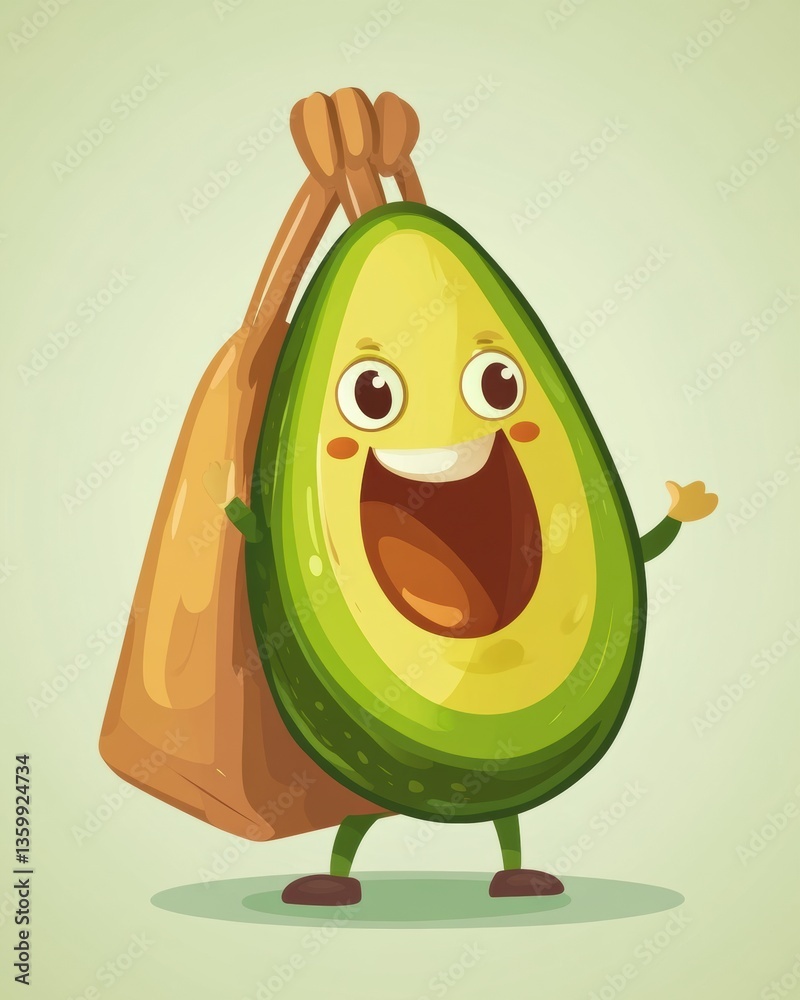 Aufkleber humorous avocado character joyfully carrying a grocery bag against a playful pastel background gener