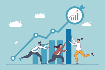 Data analysis, optimization or marketing analytics for statistics improvement, growth or KPI measurement result, chart or diagram concept, business people hold magnifying glass analyzing data chart.