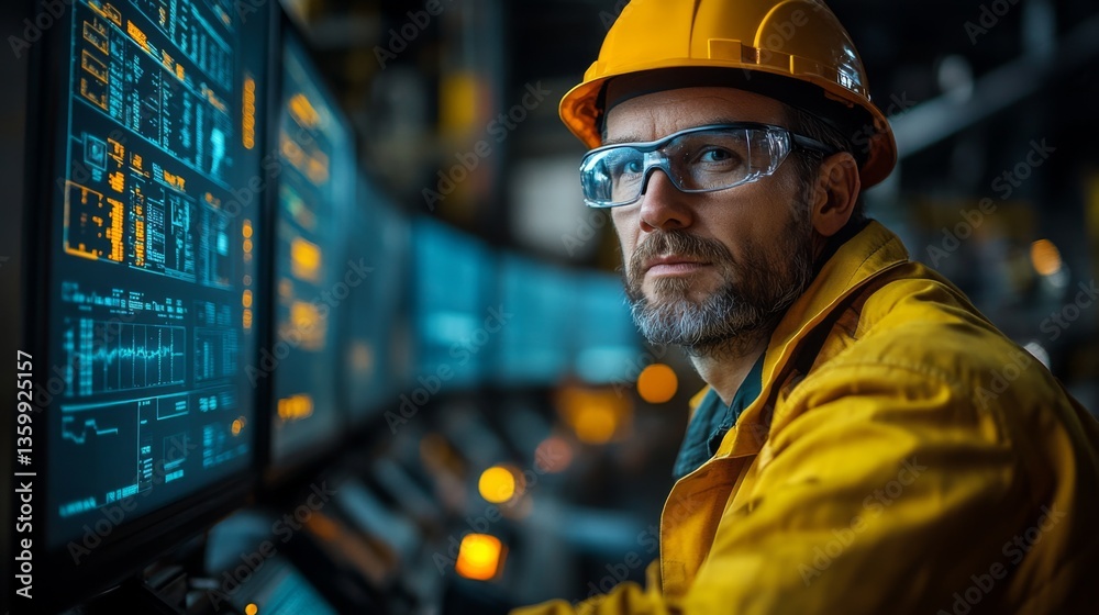 Poster A skilled worker in a safety helmet and glasses analyzes data on multiple screens in a warehouse setting focused on optimizing logistics, inventory management, and sustainability efforts.