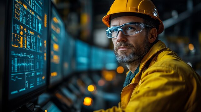 A skilled worker in a safety helmet and glasses analyzes data on multiple screens in a warehouse setting focused on optimizing logistics, inventory management, and sustainability efforts. - Powered by Adobe