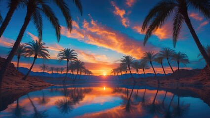 Obraz premium When dusk arrives, palm trees sway above a lake in the center of the desert.