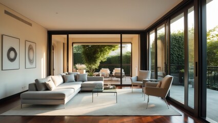 A living room featuring sliding glass doors that lead to the balcony and patio area, furnished for entertaining.