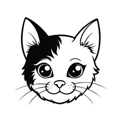 A black and white vector drawing of a curious kitten head.eps