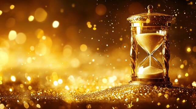 Golden hourglass with sparkling sands against blurred bokeh backdrop symbolizing fleeting time and precious moments with a touch of elegance and luxury