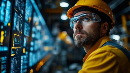 A logistics professional wearing safety gear studies digital displays in a bustling warehouse. The environment showcases modern technology used for inventory management and sustainability efforts.