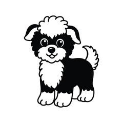 A black and white vector drawing of a fluffy puppy tilting its head.eps