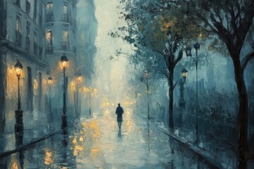 Fototapeta premium Oil painting of a city street, with old buildings, tree branches, and lights on the houses.