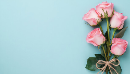 Soft pink roses bound by twine lying gracefully on muted blue surface, conveying gentle romantic minimalist aesthetic
