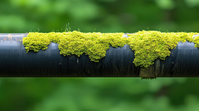 Close up of green moss growing on black insulated pipe outdoors