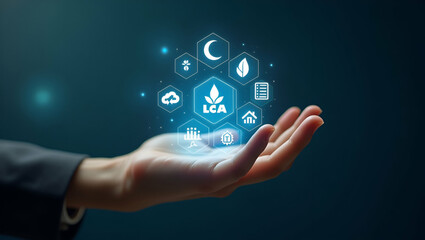 Hand Showcasing Holographic LCA & Sustainability Icons in Space