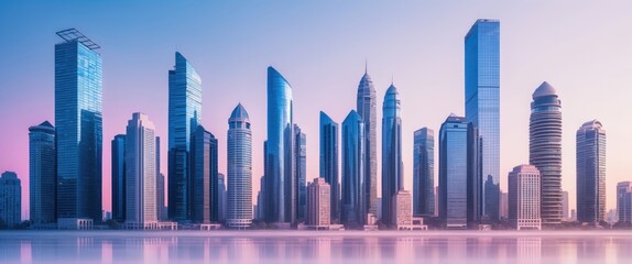 Abstract city skyline in a metropolitan area featuring contemporary color styles and futuristic effects. Real estate and property development. Innovative architecture and engineering concepts.