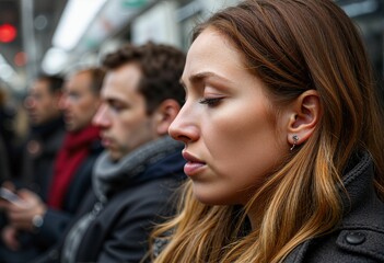 Tired woman experiencing daily stress in a crowded subway  