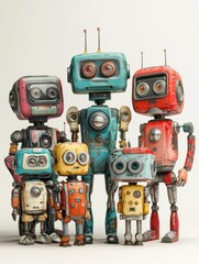 a group of analog robots in retro style