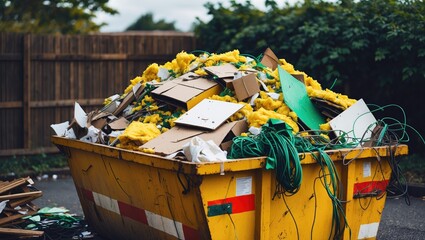 Yellow industrial metal skip filled with construction debris prepared for collection.