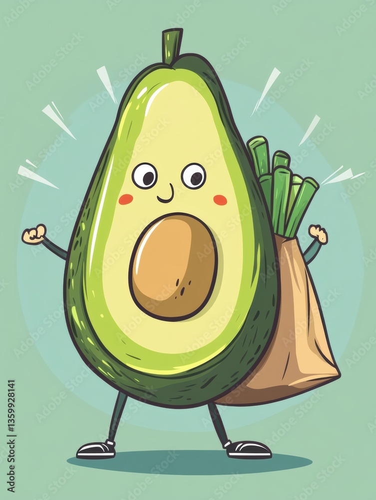 Poster cheerful cartoon avocado joyfully carrying a grocery bag with playful background generative ai