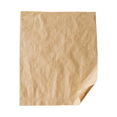 Crumpled brown paper sheet with folded corner, soft texture on transparent background. Note paper, crumpled kraft paper