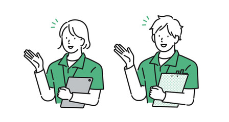 イラスト素材：患者や家族に説明をする若い男女の介護職員