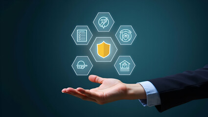 Hand Holding Holographic Work Safety Icons: Shield, Hard Hat, Checklist & Health Protocols in Stock Photo