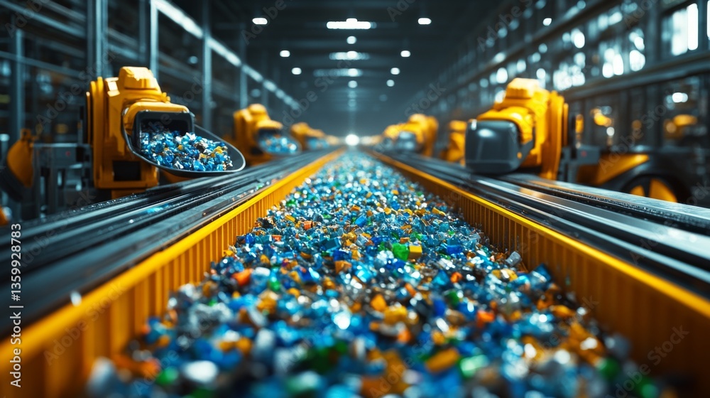 Poster a high tech warehouse features a busy recycling line with vibrant plastic materials being sorted and