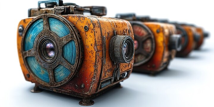 Collection of vintage cameras showcasing unique designs and textures in a modern setting with a focus on craftsmanship and nostalgia