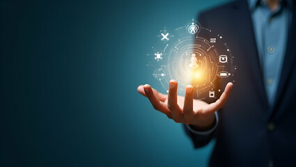 Hand interacting with holographic display showing wellness morning rituals with empty space background concept as A hand navigating holographic display to set and visualize wellness morning rituals em