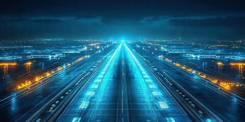 Fototapeta premium Nighttime runway illuminated by lights at an international airport showing aircraft and taxiing activity