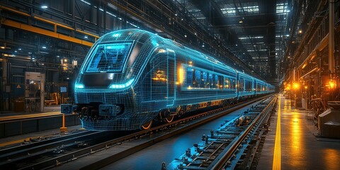 Modern train design conceptualization using digital technology in a manufacturing facility at dawn