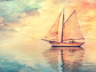 Fototapeta premium Sailing into Dreams: A serene sailboat glides gracefully across a tranquil sea, its sails catching the warm hues of a dreamy sunset, inviting thoughts of adventure.