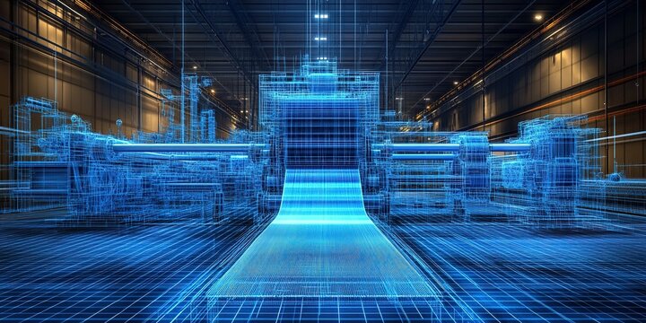 Advanced manufacturing technology visualization within a modern industrial facility showcasing digital processes and machinery